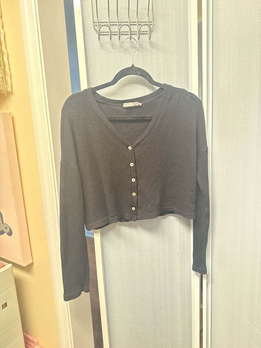 Double Zero Black Waffle Knit Cropped Button Front Cardigan